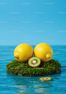 Fresh lemons and kiwi on green moss floating in water