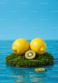 Fresh lemons and kiwi on green moss floating in water