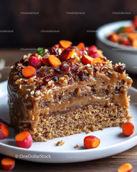 Caramel and Chocolate Layer Cake with Nut Topping and Flowers