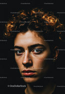 Young woman with curly red hair and serious expression
