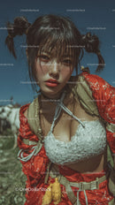 Young Woman with Rugged Outdoor Style Wearing Floral and Tactical Gear