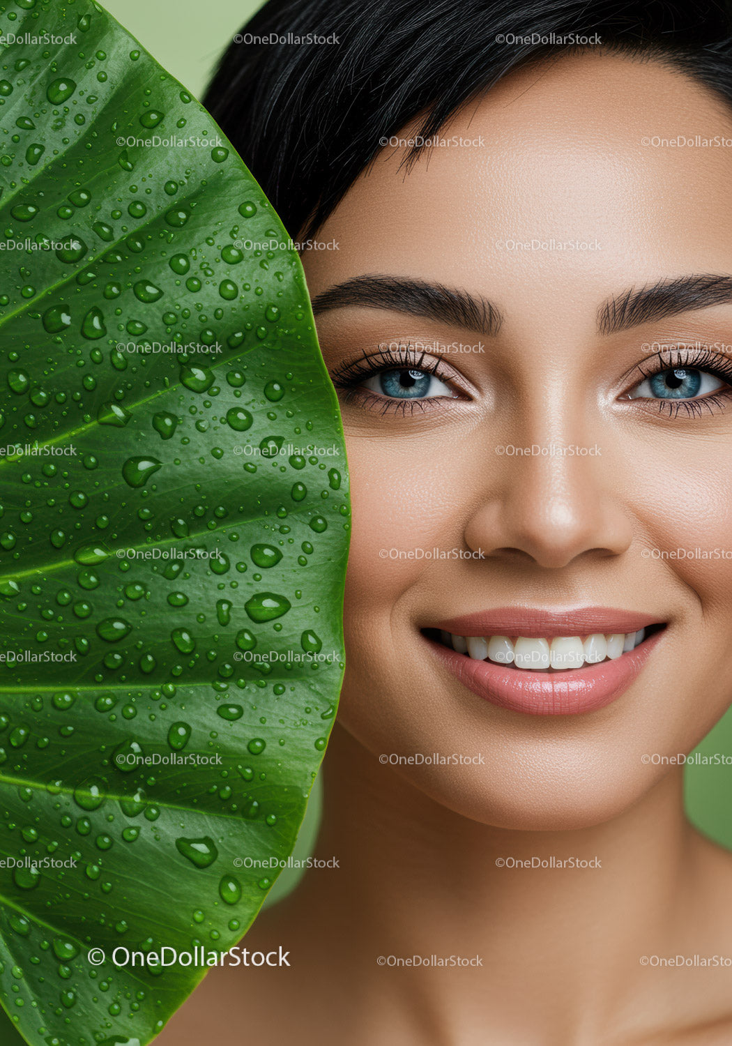 Portrait of a Woman with Bright Blue Eyes Behind a Large Green Leaf