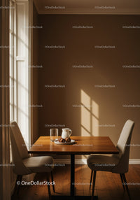Modern Cozy Dining Area with Wooden Table and Breakfast Setup