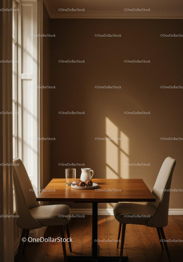 Modern Cozy Dining Area with Wooden Table and Breakfast Setup
