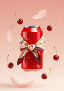 Red Soda Can with Patterned Scarf and Floating Cherries