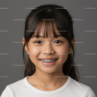 Smiling girl with braces wearing a white shirt and earrings