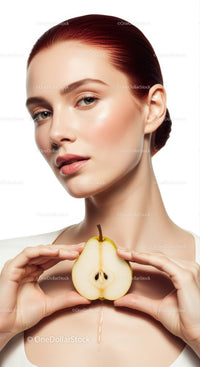 Elegant Portrait of a Woman Holding Pear with Bright Skin and Red Hair