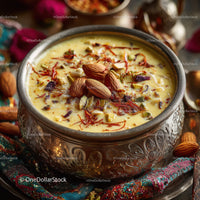 Saffron Milk with Almonds and Pistachios in Ornate Silver Bowl