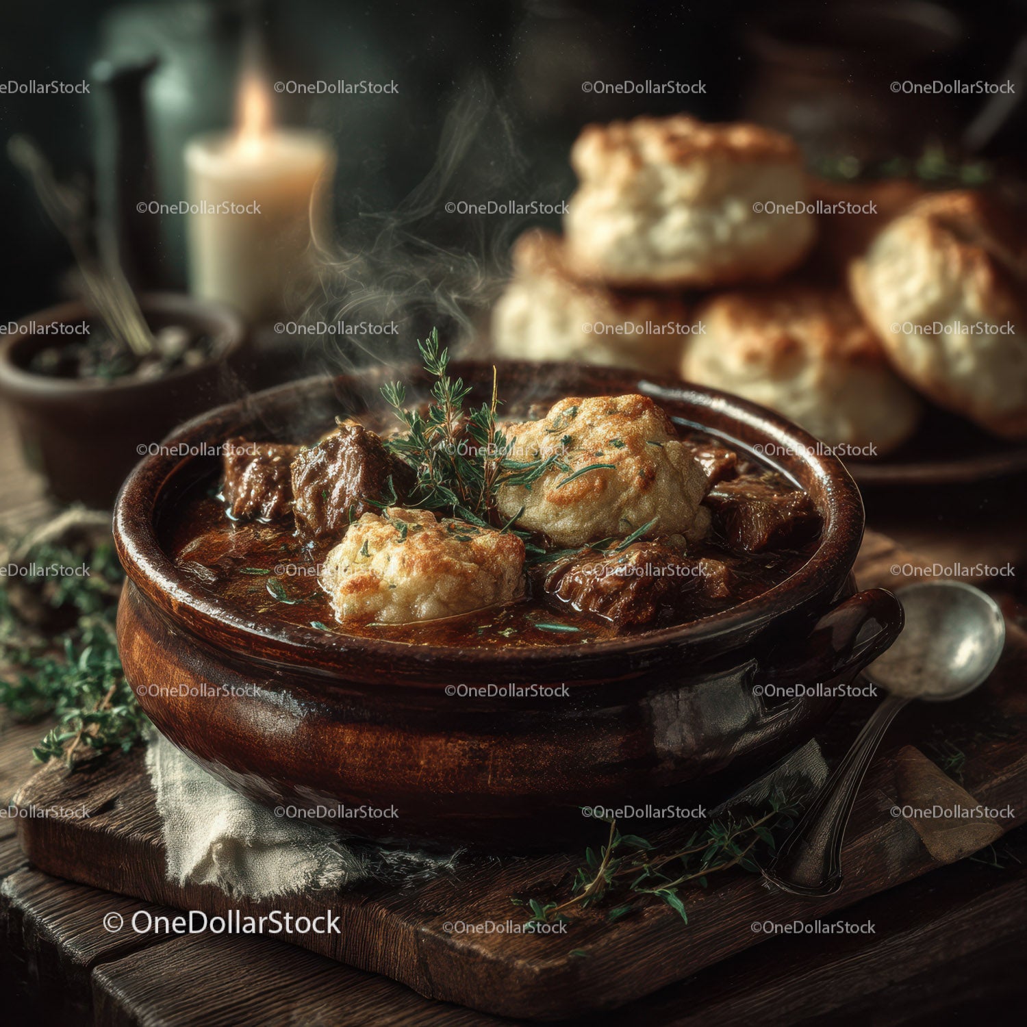 Hearty Beef Stew with Fresh Bread and Aromatic Herbs