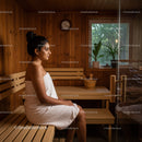 Relaxing Woman Sitting in Wooden Sauna Room with Potted Plants