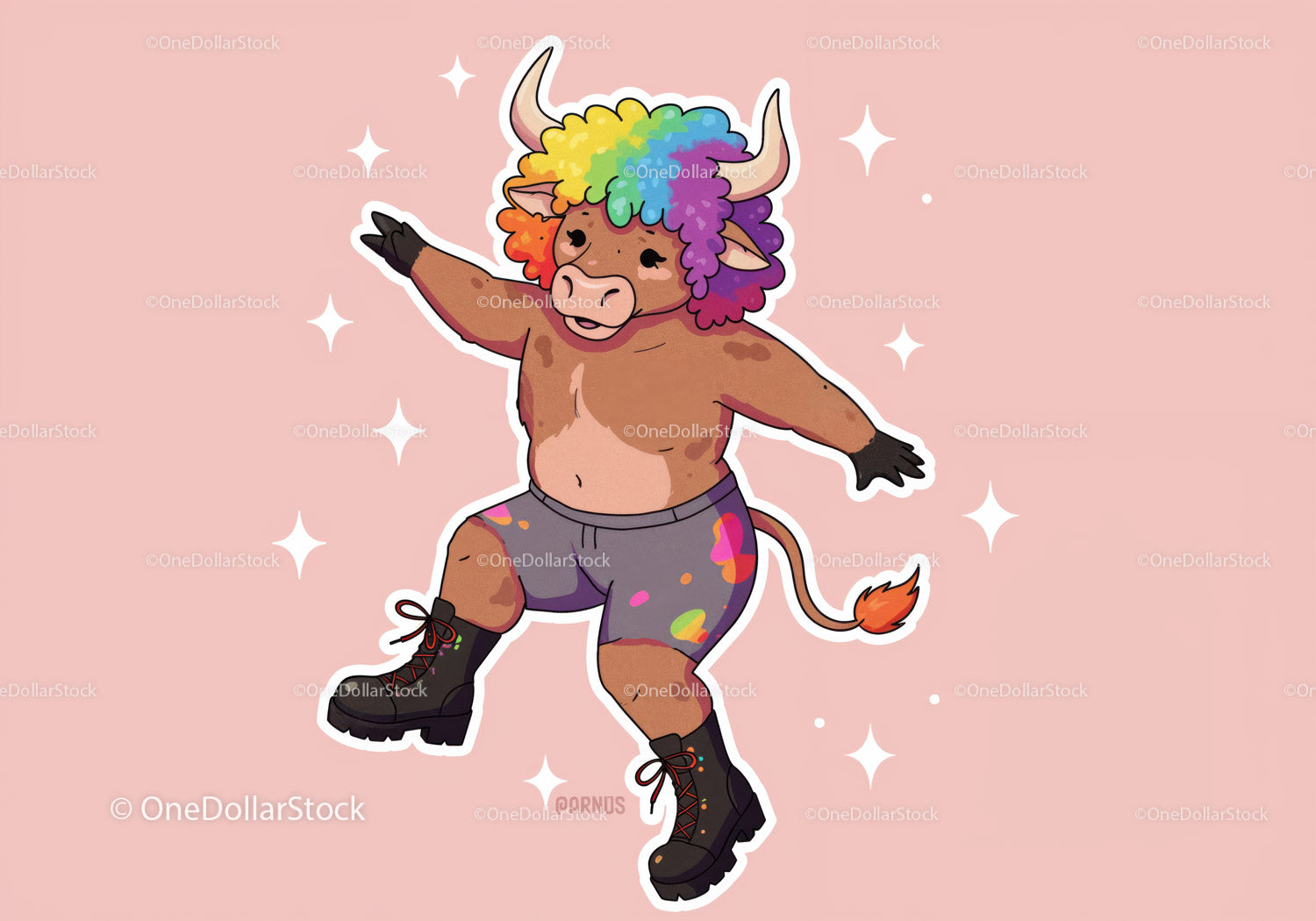 Colorful Cartoon Bull with Rainbow Hair in Funky Streetwear