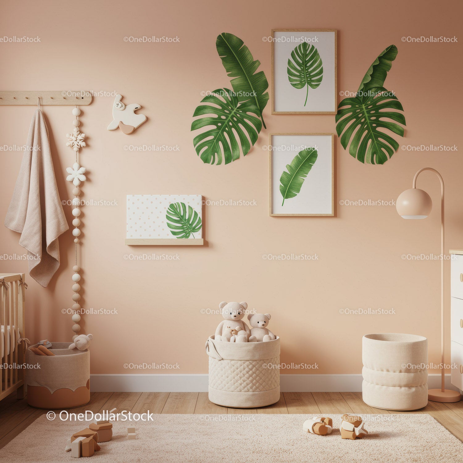 Modern Baby Nursery with Tropical Leaf Wall Art and Plush Decor