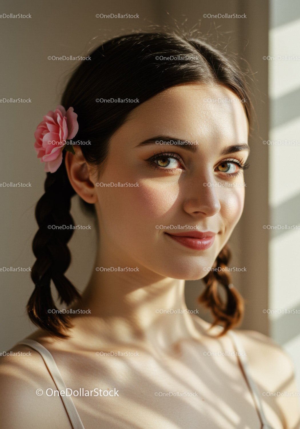 Portrait of a Young Woman with Braided Hair and Pink Flower Accessory in Sunlight