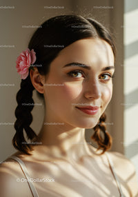 Portrait of a Young Woman with Braided Hair and Pink Flower Accessory in Sunlight