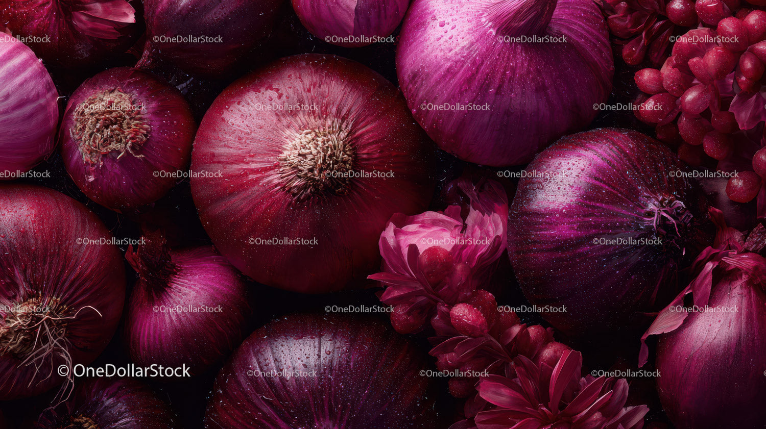 Close-up of Vibrant Red Onions with Water Droplets for Food Photography