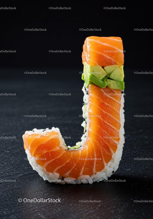 Kreatywny sushi roll w kształcie litery J z łososiem