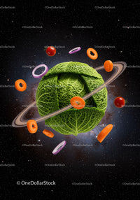 Cabbage Planet with Floating Vegetables in Space