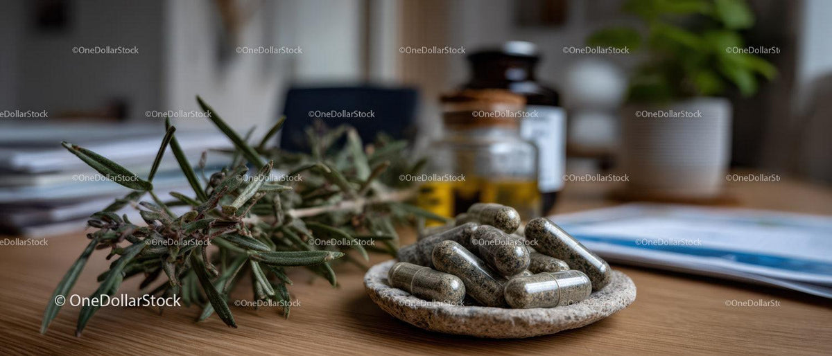 Herbal Medicine Collection with Rosemary and Supplements on Wooden Table