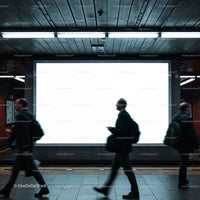 Commuters walking past blank illuminated subway billboard
