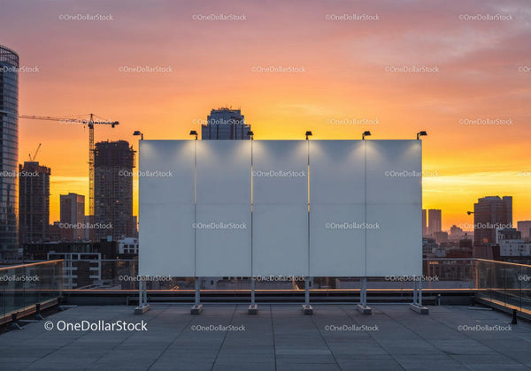 Empty Modern Billboard on Rooftop with City Skyline at Sunset JPG Mockup Image