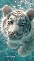 White tiger cub swimming underwater with piercing blue eyes