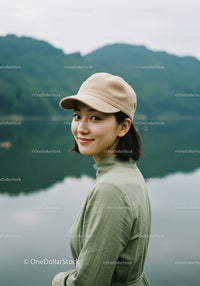 Young Woman in Green Dress Wearing Beige Cap Near Lake Landscape