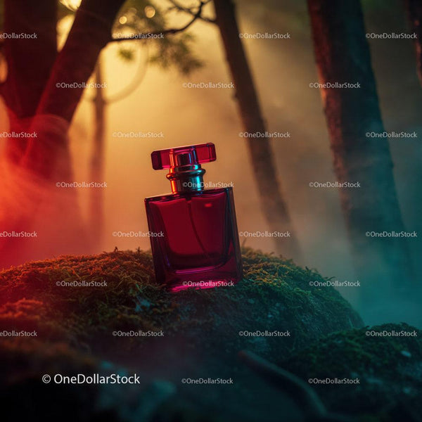 Elegant Red Perfume Bottle in Nature with Warm Lighting JPG Mockup Image