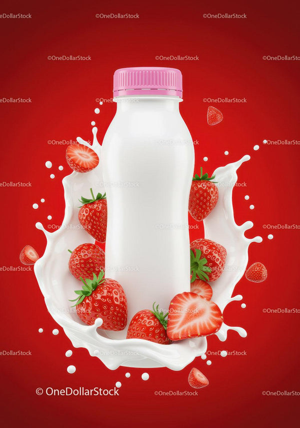 Fresh Strawberry Yogurt Drink with Splash on Red Background JPG Mockup Image
