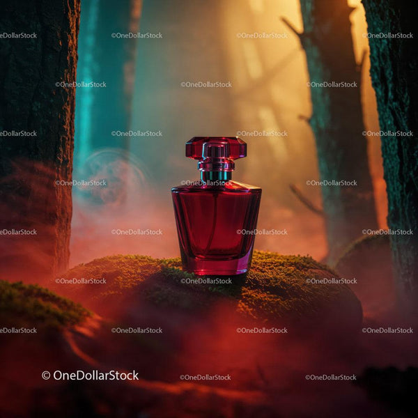 Red Glass Perfume Bottle in Mystical Forest Scene with Fog JPG Mockup Image