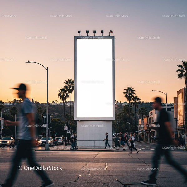 Urban crosswalk with illuminated blank billboard at sunset JPG Mockup Image
