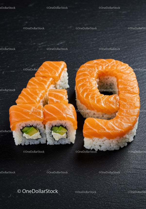Sushi Rolls Arranged as Number Forty Nine on Black Slate