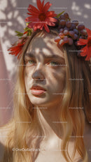 Young Woman with Red Floral Crown and Purple Grapes Outdoor Portrait