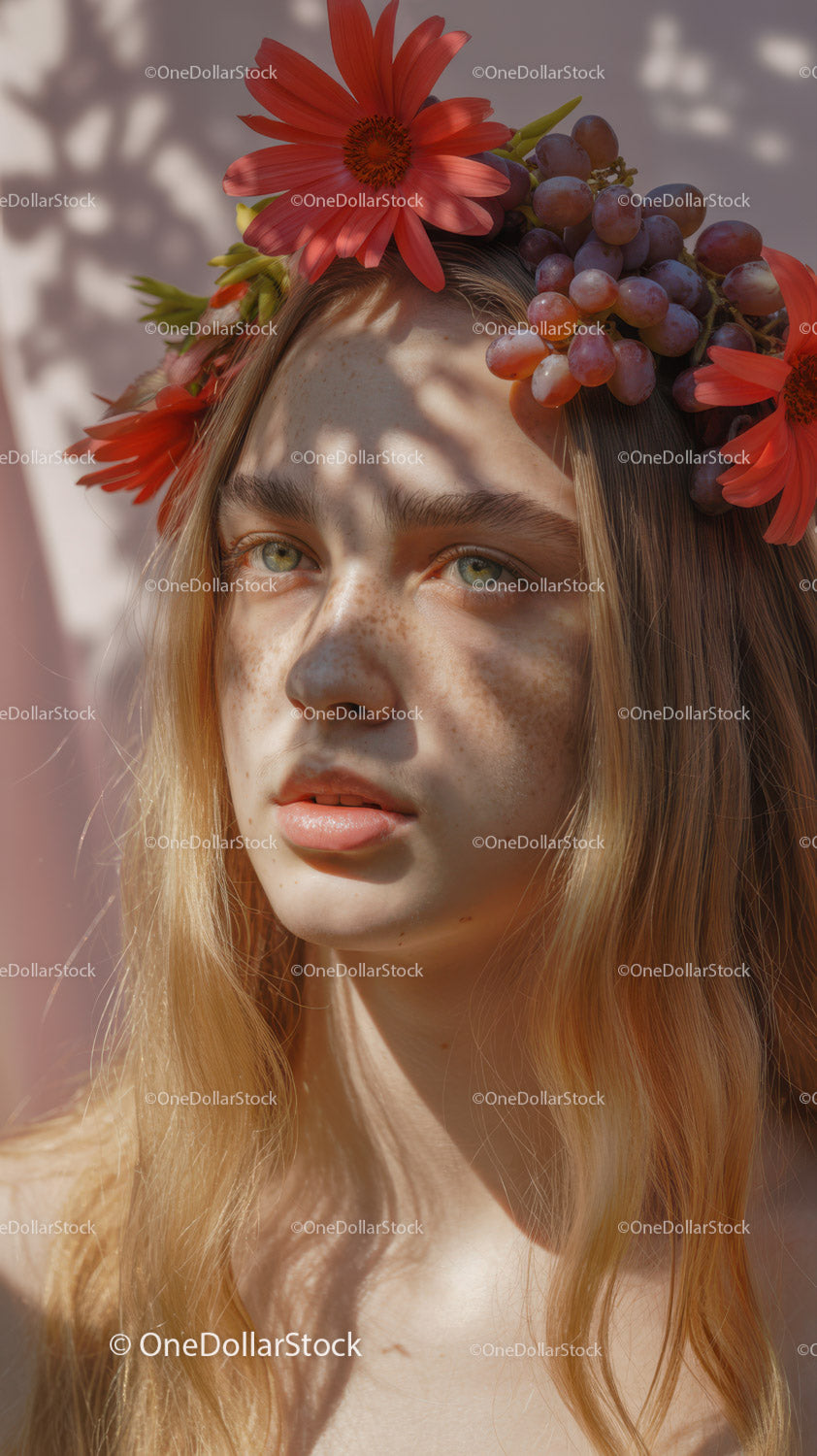 Young Woman with Red Floral Crown and Purple Grapes Outdoor Portrait