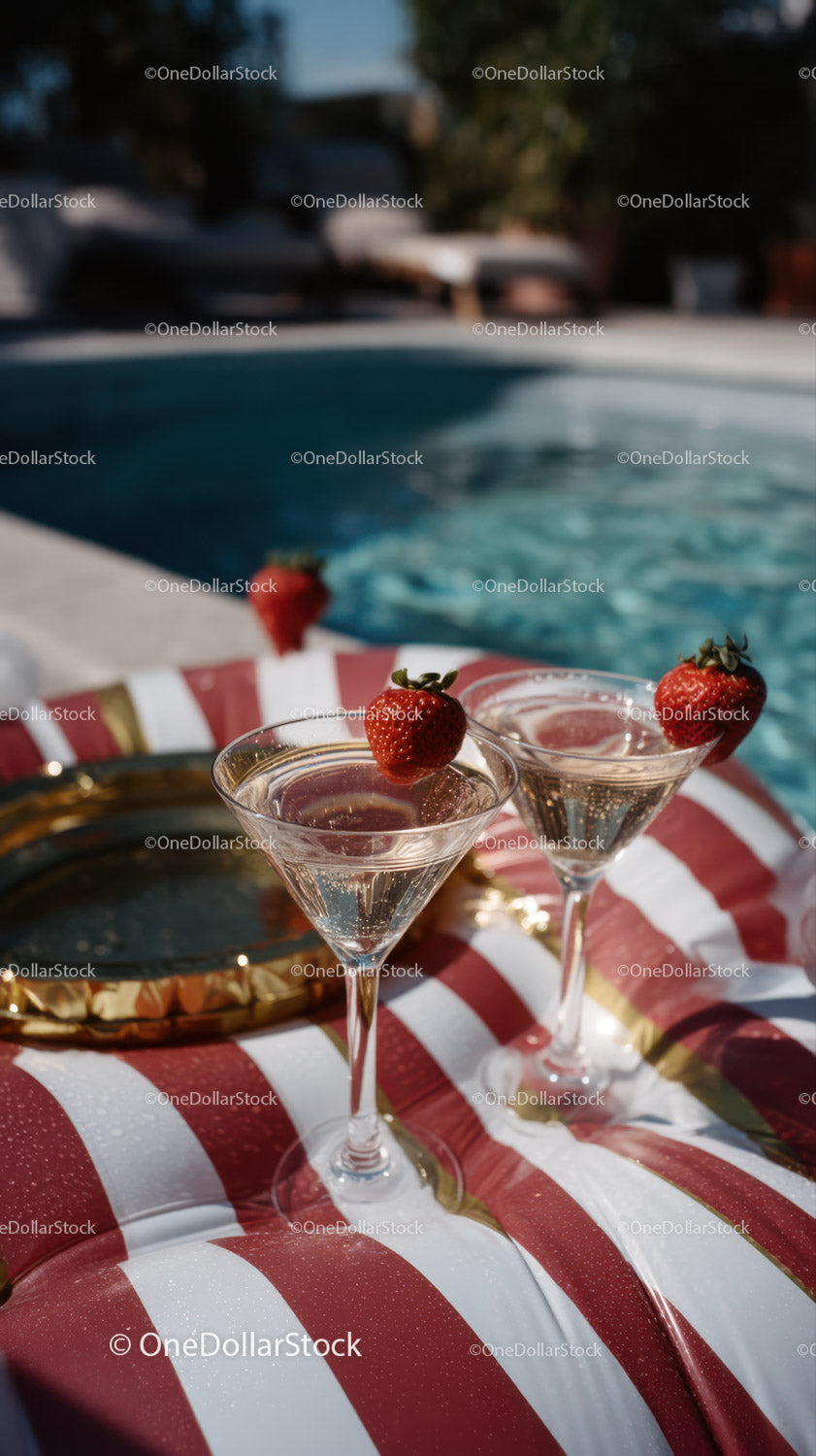 Poolside Glasses with Strawberry Cocktails in Summer Setting