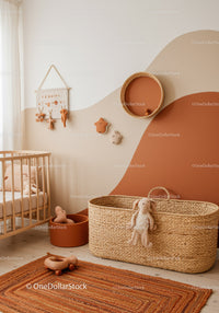 Cozy Neutral Nursery with Plush Toys and Woven Storage Basket