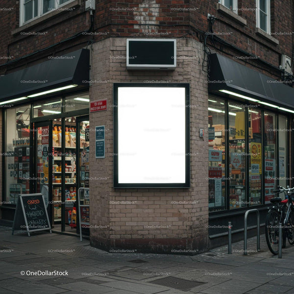 Urban corner store with illuminated blank billboard at dusk JPG Mockup Image