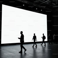 Silhouettes of People Walking Past Large Bright Screen