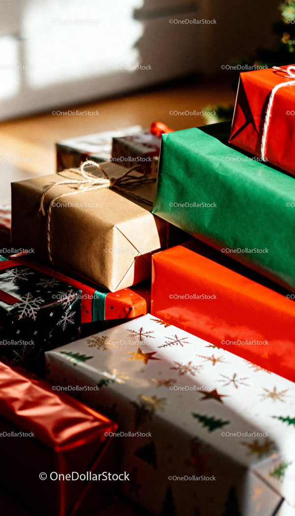 Stack of Colorful Christmas Presents by Soft Window Light