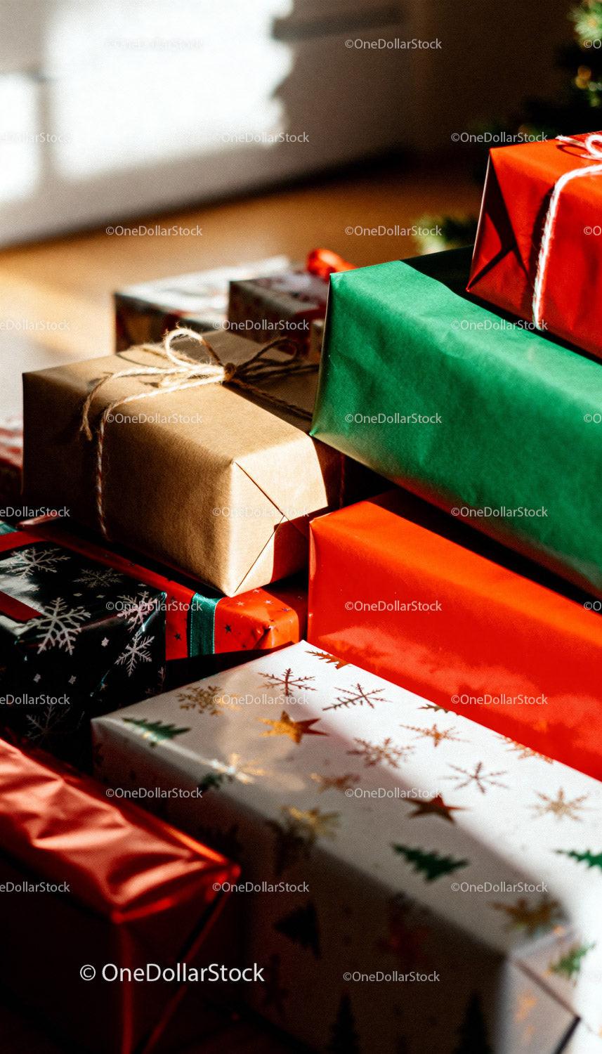Stack of Colorful Christmas Presents by Soft Window Light