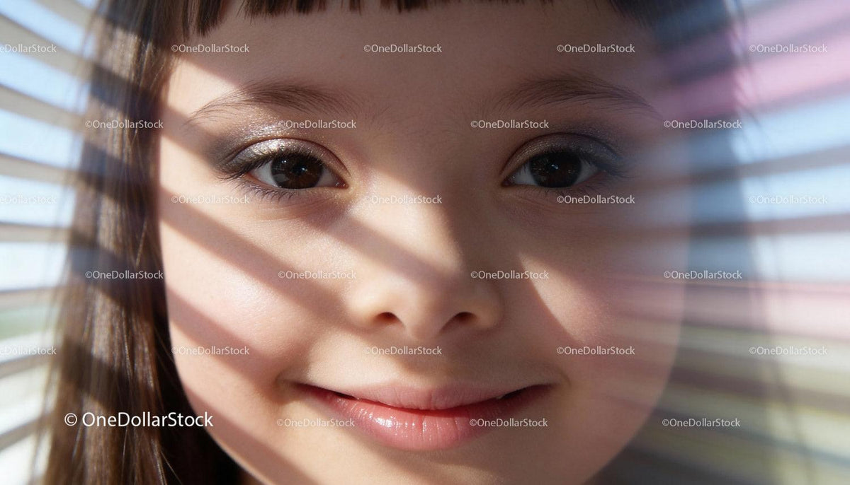 Close-up of young girl smiling through window blinds