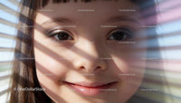 Close-up of young girl smiling through window blinds