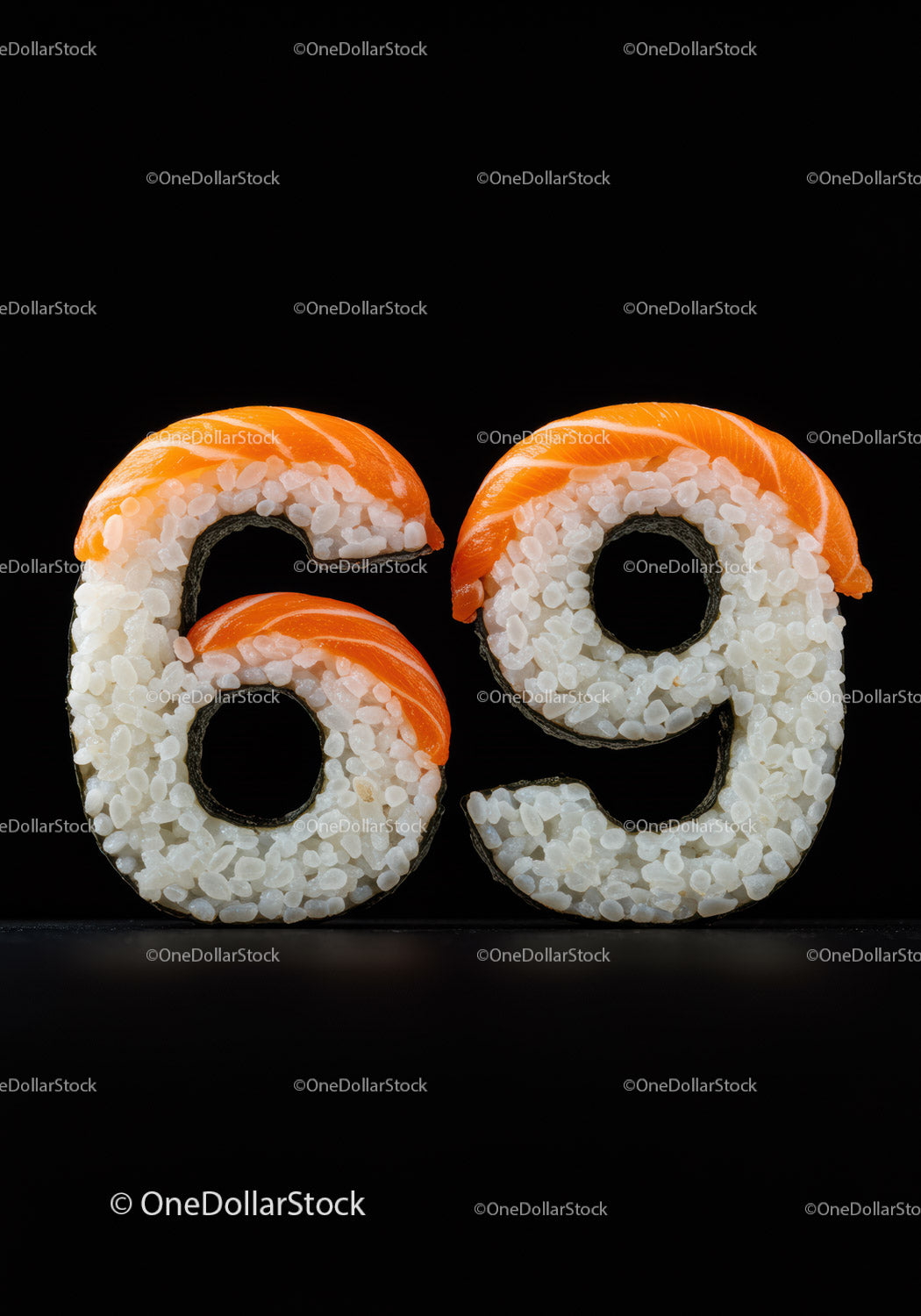 Creative sushi shaped as numbers sixty nine