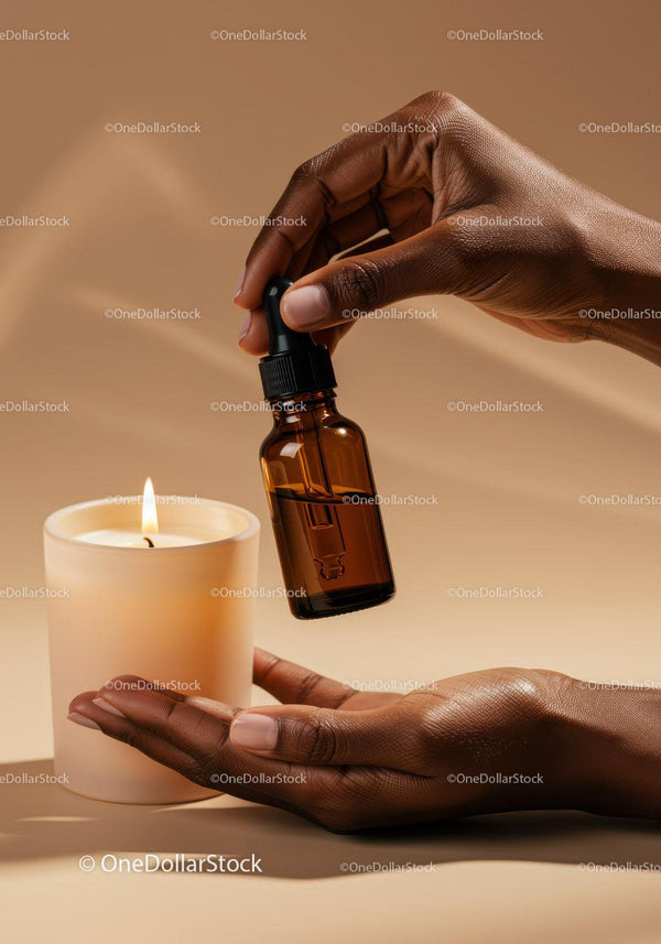 Hand Holding Amber Dropper Bottle and Lit Candle in Relaxing Setting JPG Mockup Image