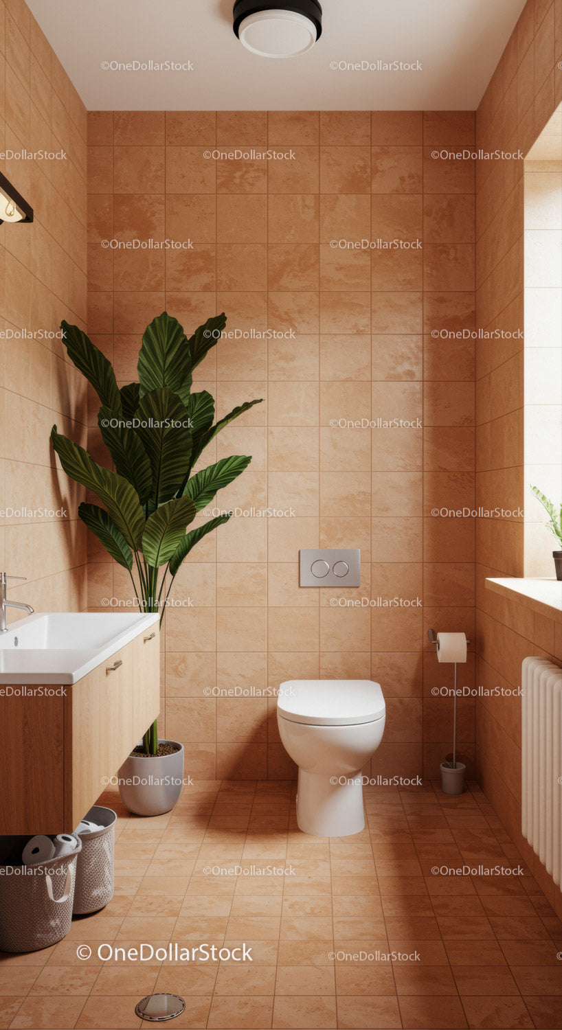 Green Plant and Beige Tiled Modern Bathroom with Cozy Atmosphere