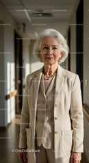 Elegant Elderly Woman in Business Attire Standing Indoors
