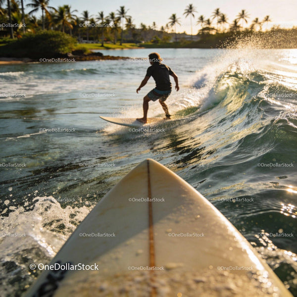 Surfer Riding a Wave at Sunset near Tropical Shore
