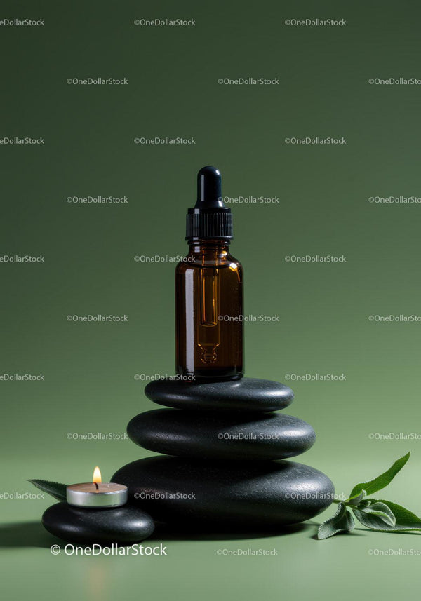 Aromatherapy Essential Oil Bottle on Black Stones with Candle and Green Leaves JPG Mockup Image