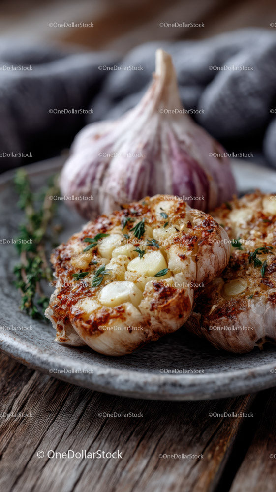 Fresh Roasted Garlic Cloves with Garlic Bulb on Rustic Wooden Surface