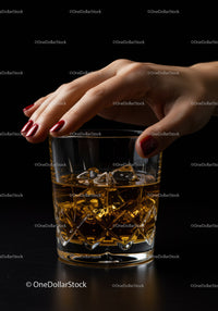 Woman's Hand Holding Whiskey Glass with Ice Cubes