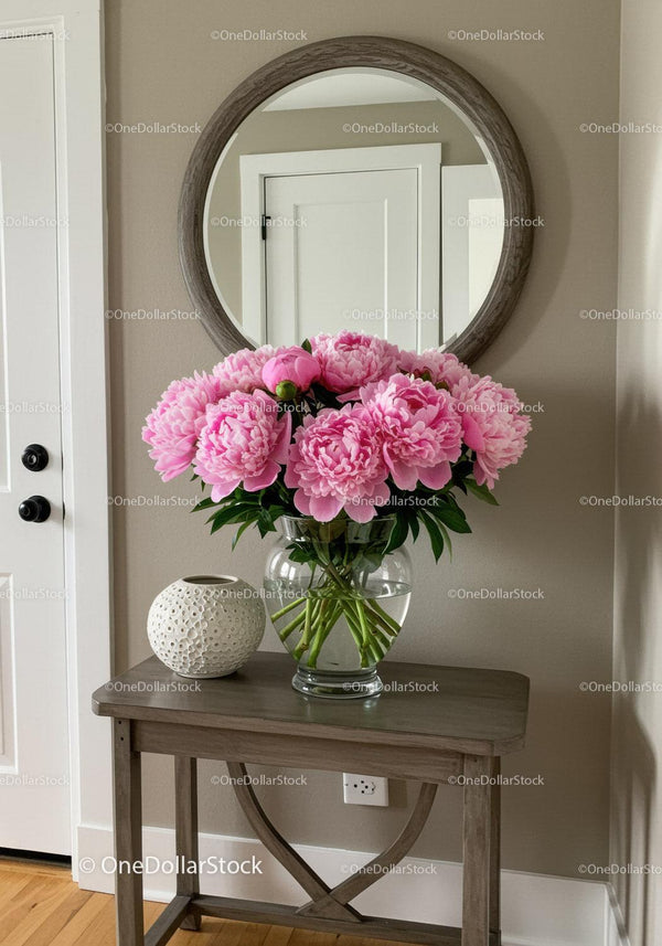 Beautiful Pink Peonies in Glass Vase as Elegant Interior Decor